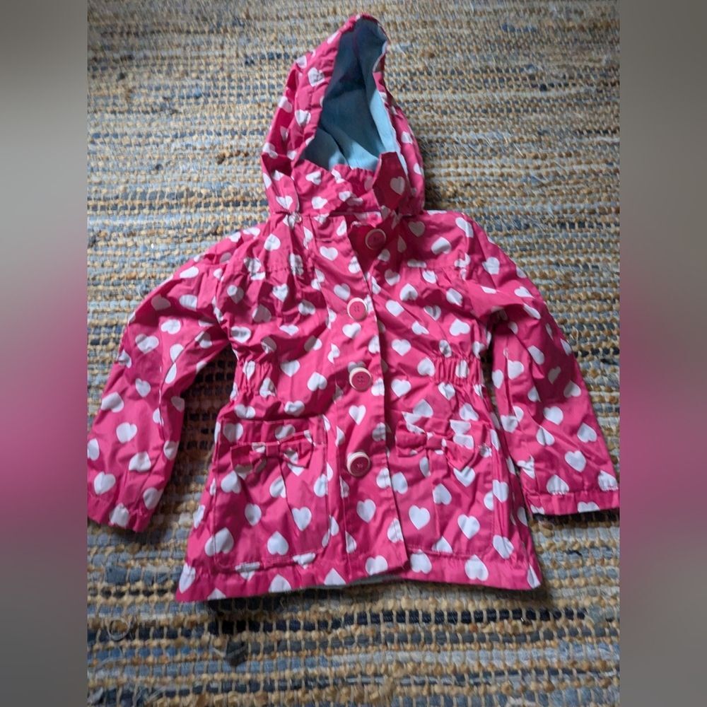 Pink Platinum Heart Print Hooded Raincoat Jacket 4 Pink White Bow Pockets Cozy L - Picture 2 of 10